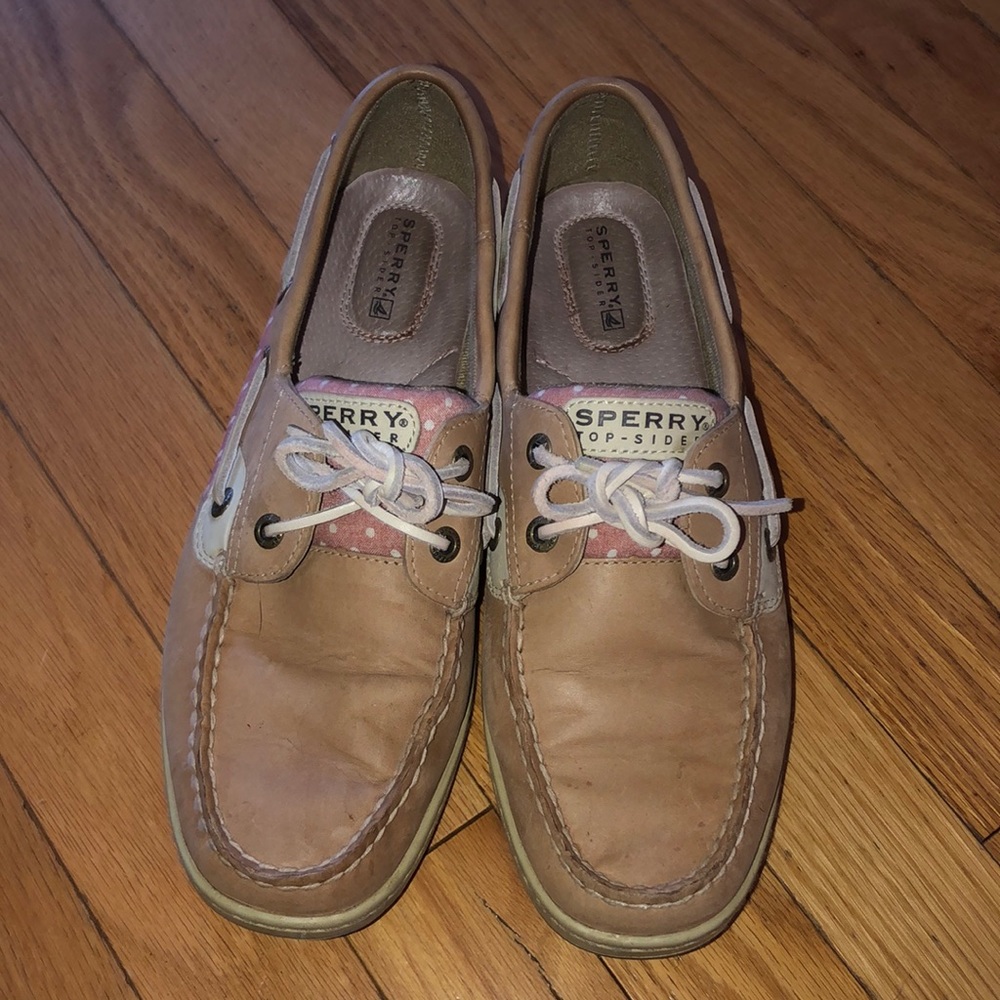 Sperry Top-Siders Pink pattern with white Polka Dots on Tan Leather - Picture 5 of 10